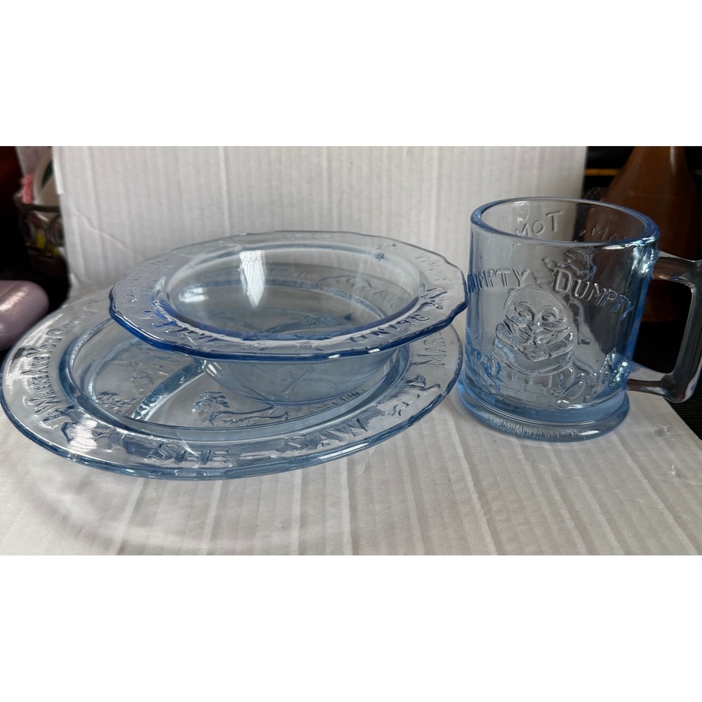 Vintage Blue Glass Nursery Rhyme Kids Dish Set Plate Bowl Mug Humpty Dumpty